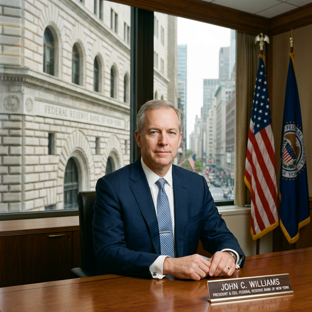 John C. Williams seated at a desk with nameplate, flags, and New York cityscape background
