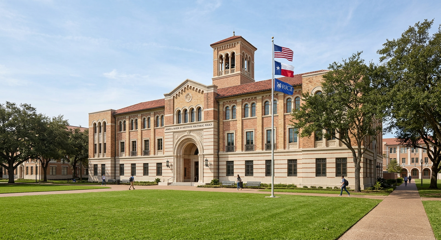 Baker Institute for Public Policy building at Rice University with flags and green lawn