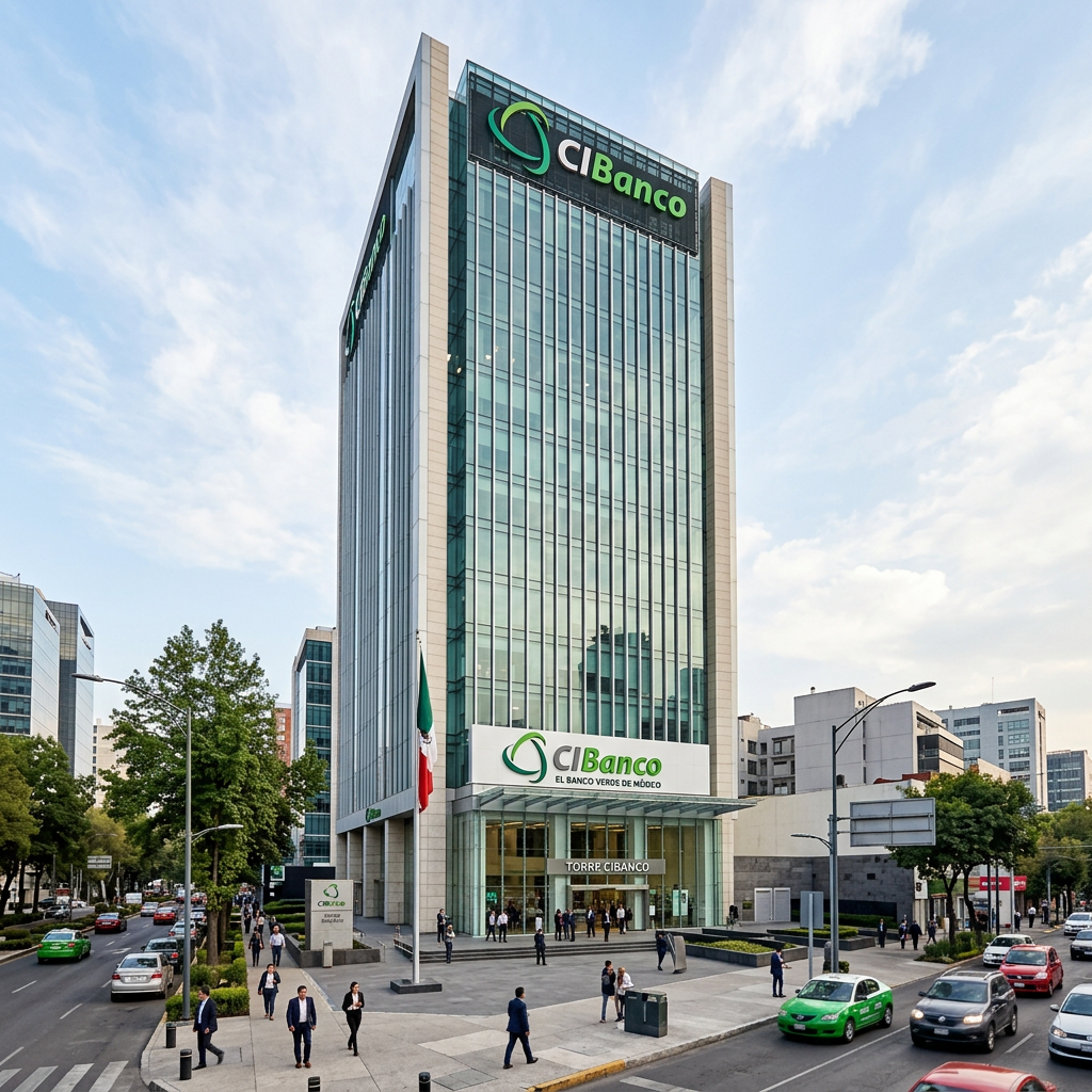 High-rise glass office building with CIBanco signage and pedestrian traffic