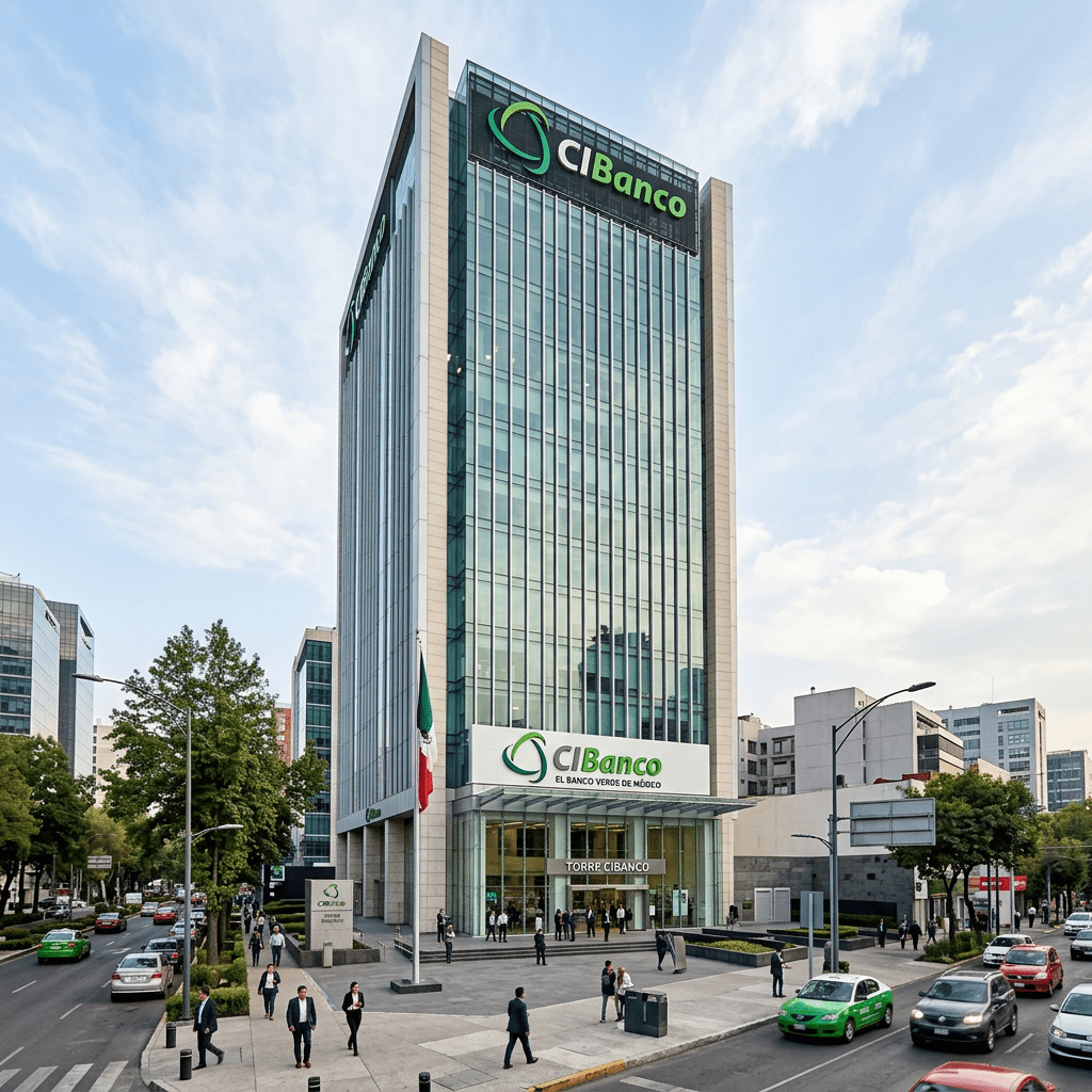High-rise glass office building with CIBanco signage and pedestrian traffic