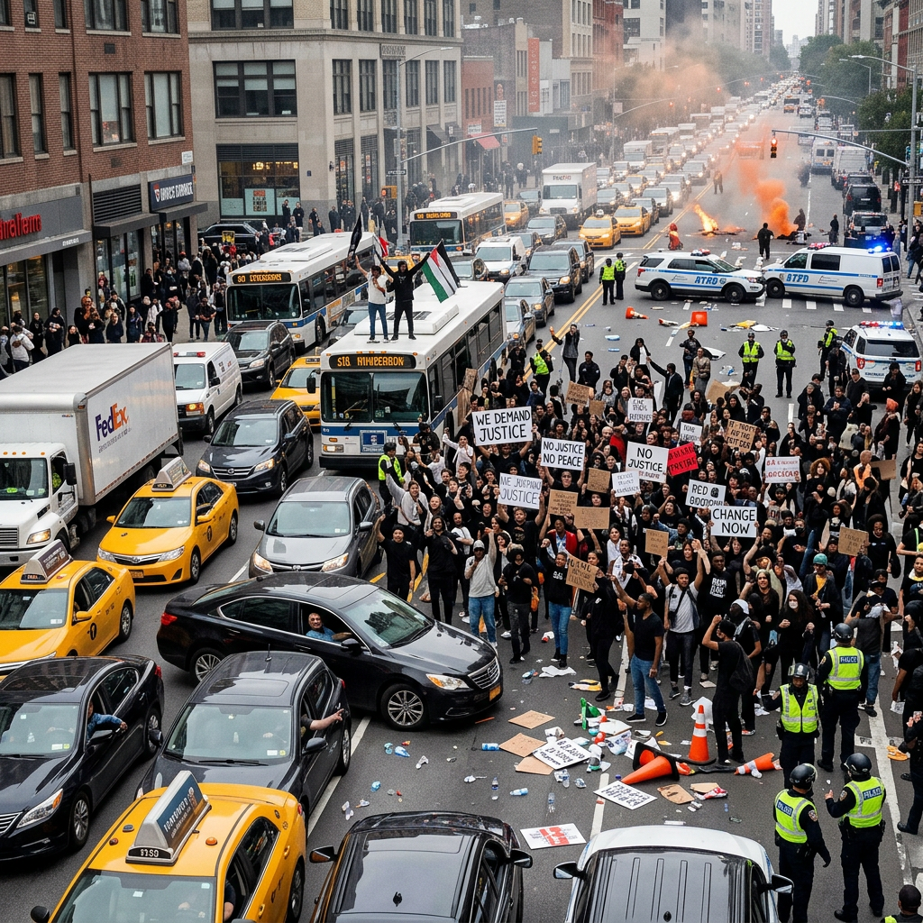 Protesters holding signs block city street with police and traffic congestion