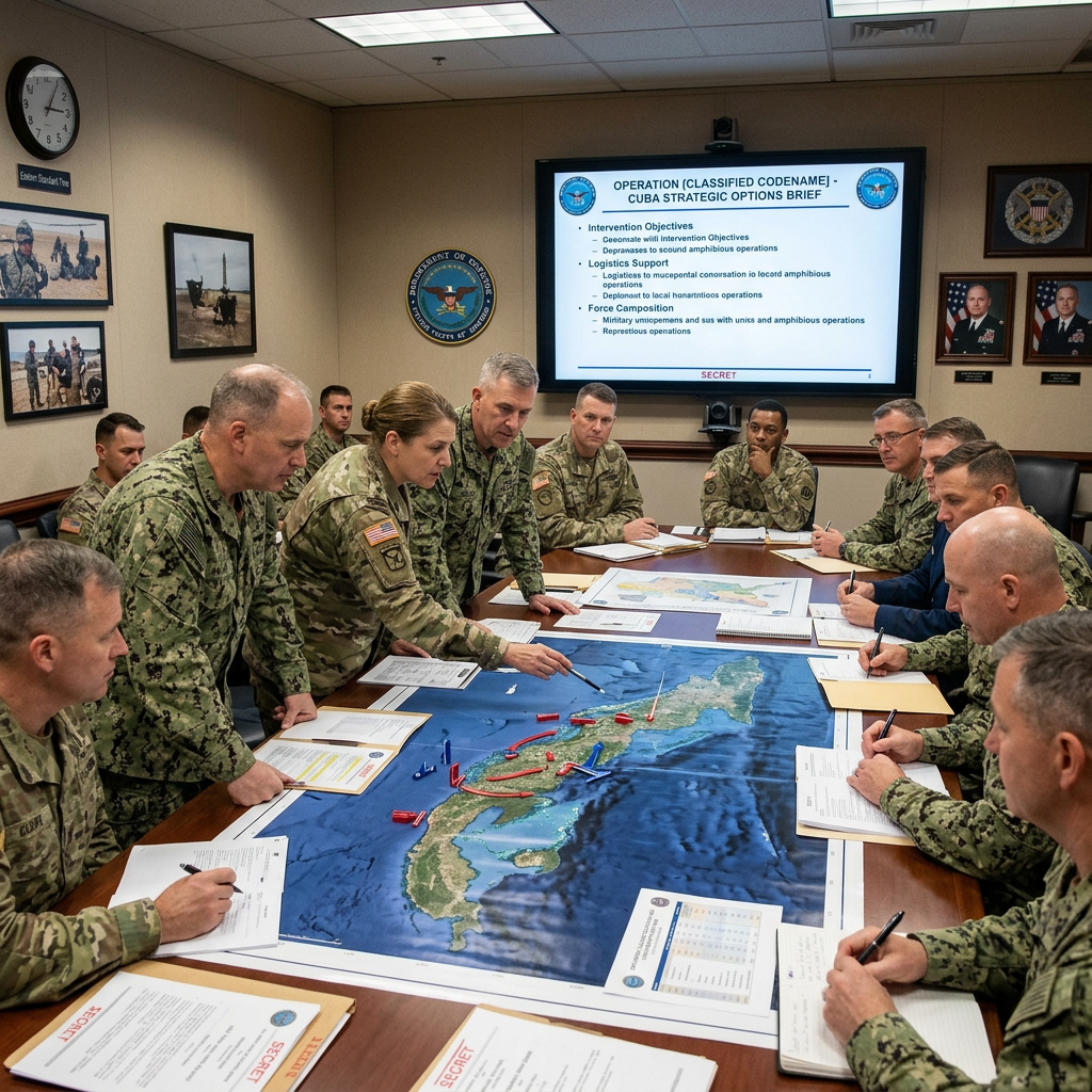 Military officers around a table analyzing a large map with strategic markers