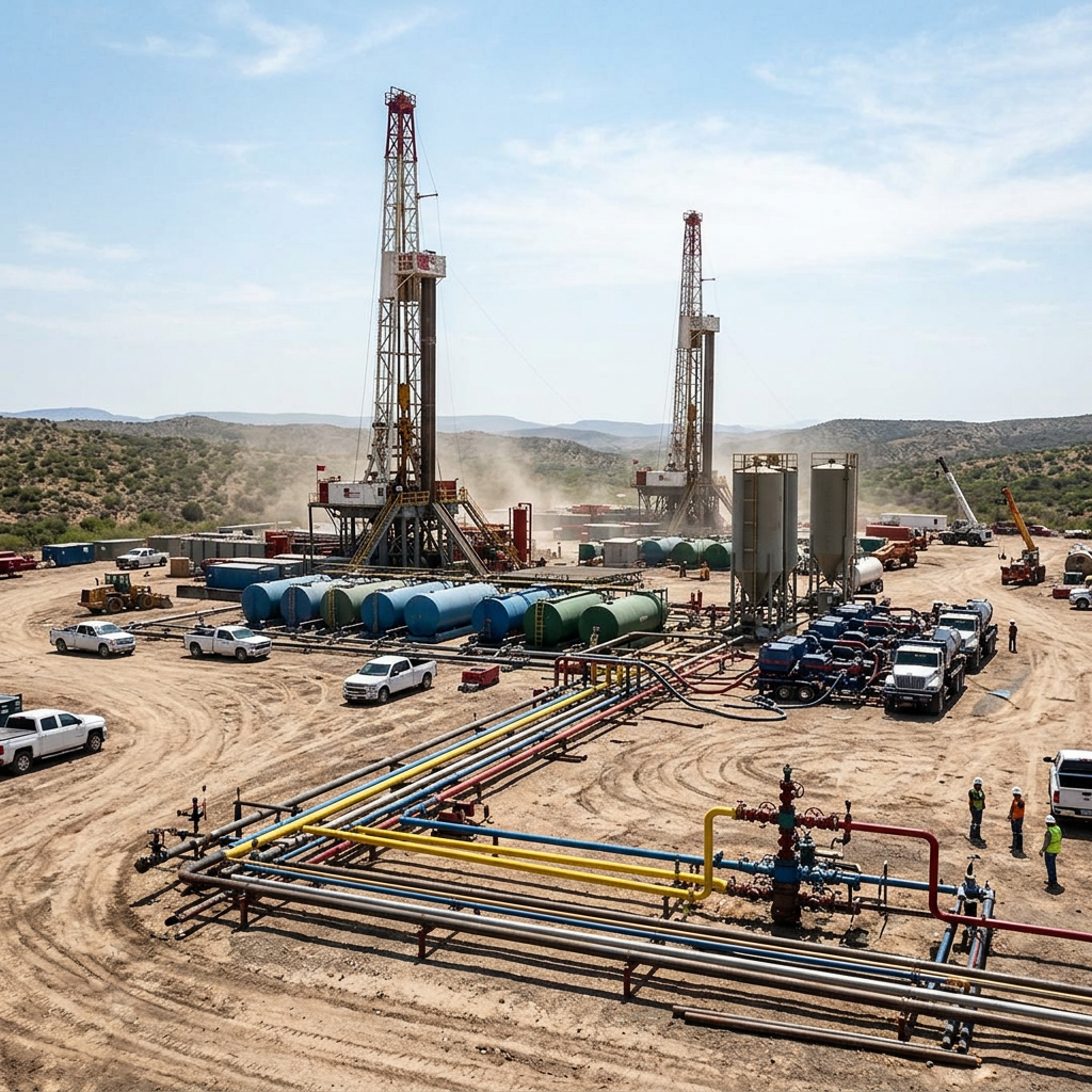 Two tall oil drilling rigs with various tanks, trucks, and workers on a dusty oil field
