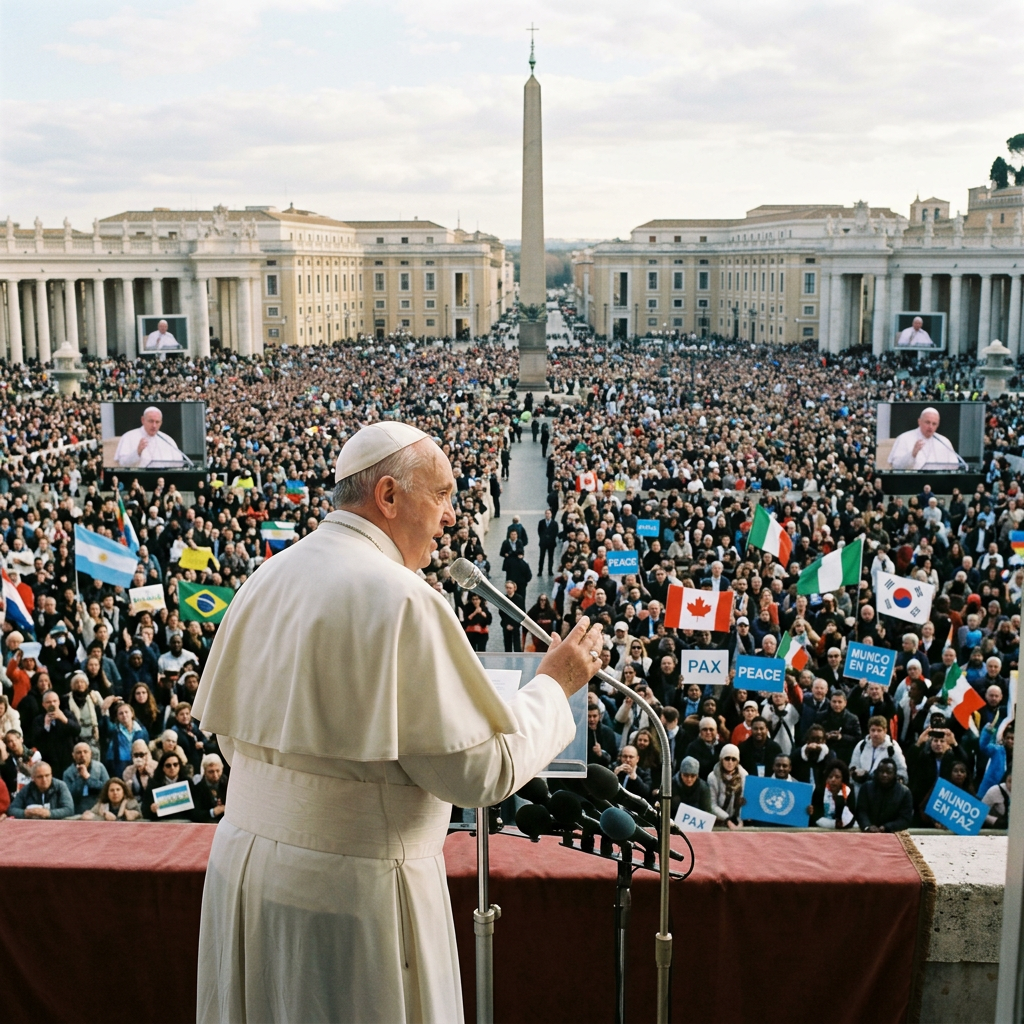 Pope Francis speaking at a podium facing a large crowd in St. Peter's Square holding peace signs and country flags