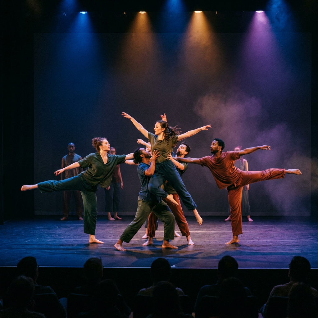 Group of dancers performing a contemporary dance on stage with dramatic lighting