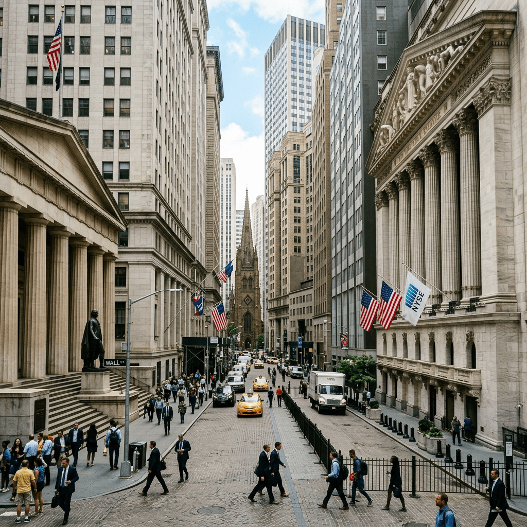 Crowded pedestrian and vehicle activity on Wall Street between historic financial buildings