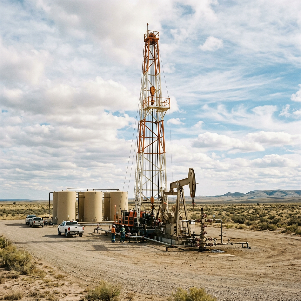 Oil drilling rig with workers and storage tanks in a desert setting
