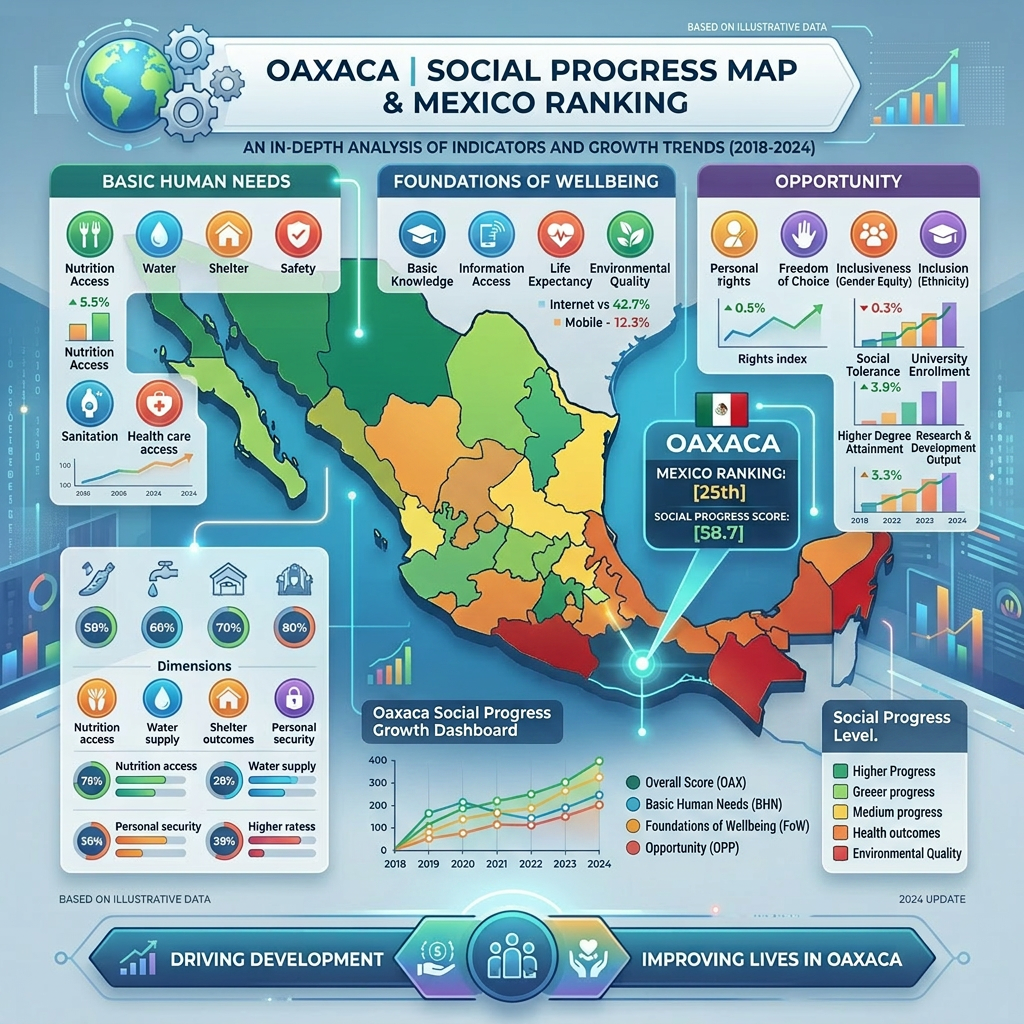 Map of Mexico showing Oaxaca's social progress ranking and scores with charts on nutrition, water, shelter, safety, education, and opportunity indicators.