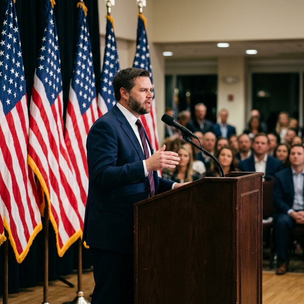 Man in suit speaking at podium with US flags behind and audience listening