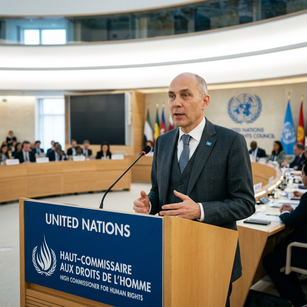 Man speaking at a podium during a United Nations Human Rights Council meeting