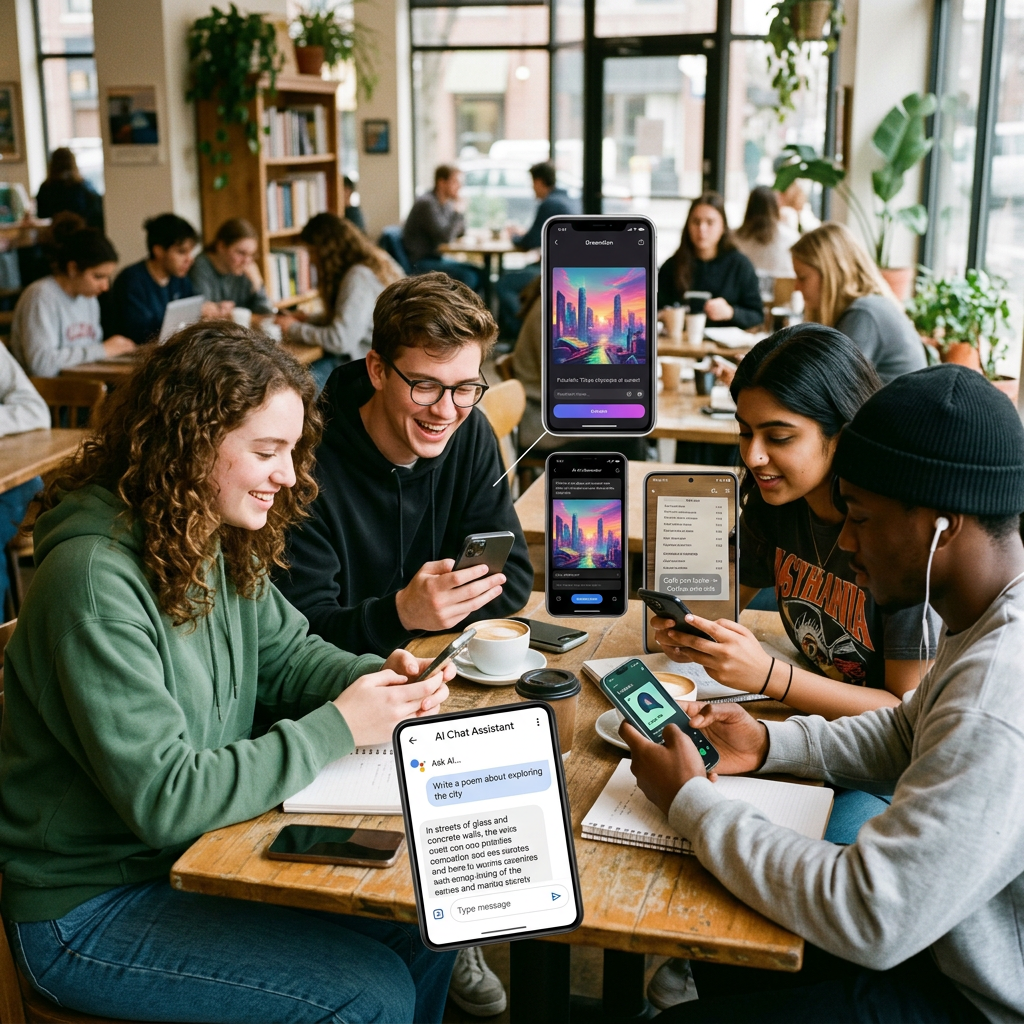 Four young adults sitting at a table in a café, using smartphones with AI and creative apps