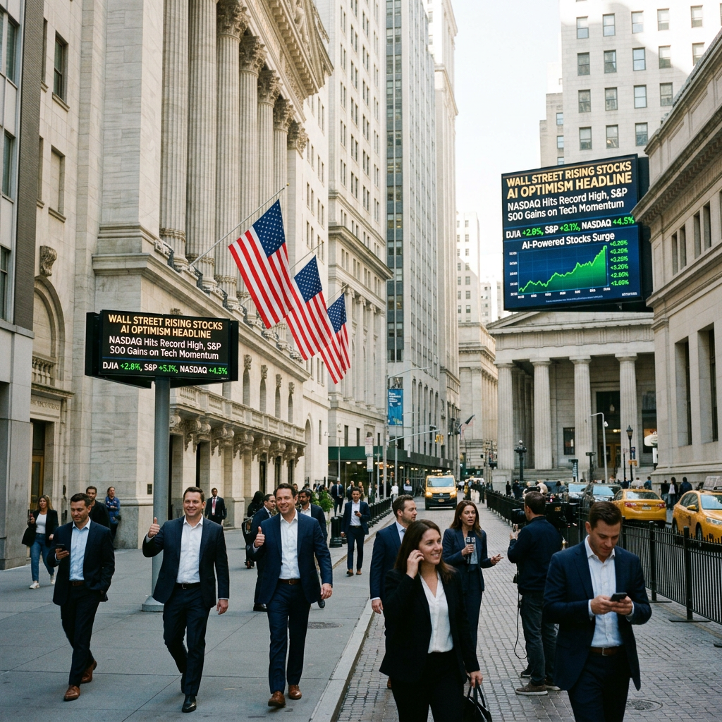 Electronic boards on Wall Street showing rising AI stock market optimism and gains