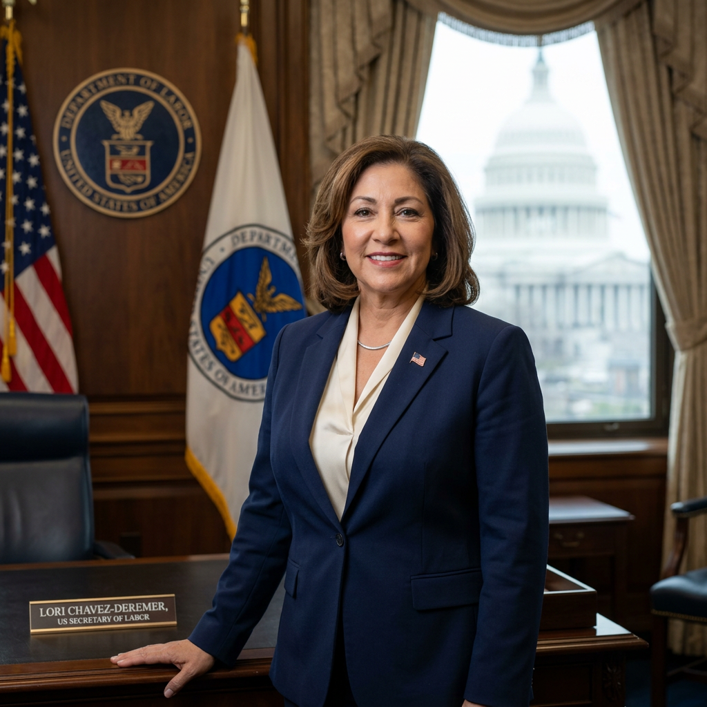 Lori Chavez-DeRemer standing in office with Department of Labor flags and US Capitol in background