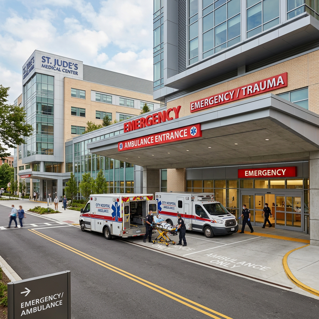 Ambulances and paramedics at St. Jude's Medical Center emergency entrance