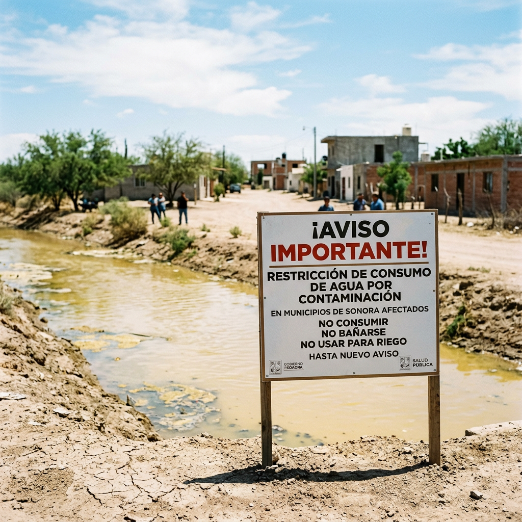 Warning sign about water consumption restrictions due to contamination in Sonora municipalities