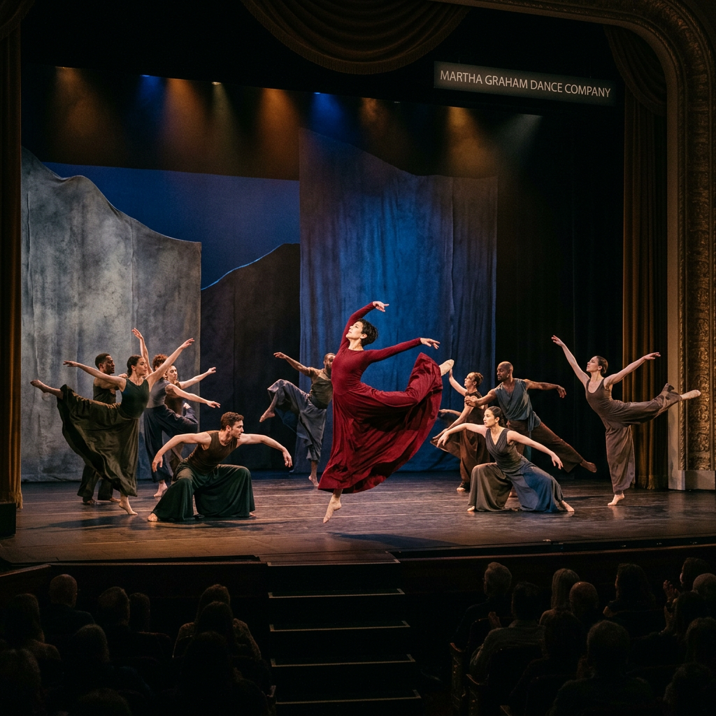 Group of dancers performing modern dance on stage with flowing costumes
