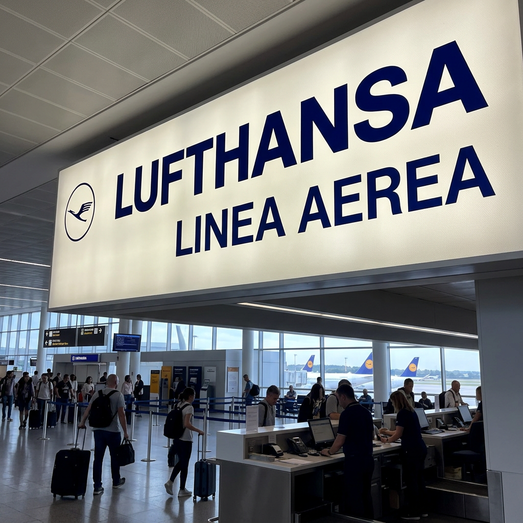 Lufthansa check-in counter with passengers and airline staff in busy airport terminal