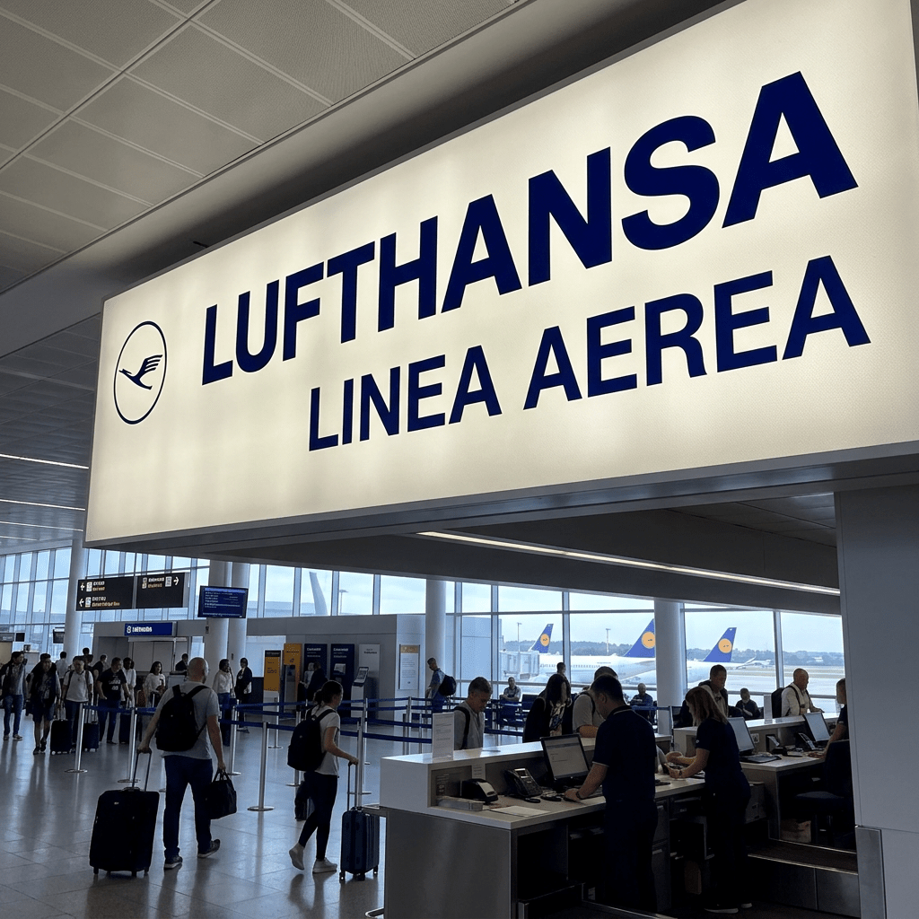 Lufthansa check-in counter with passengers and airline staff in busy airport terminal