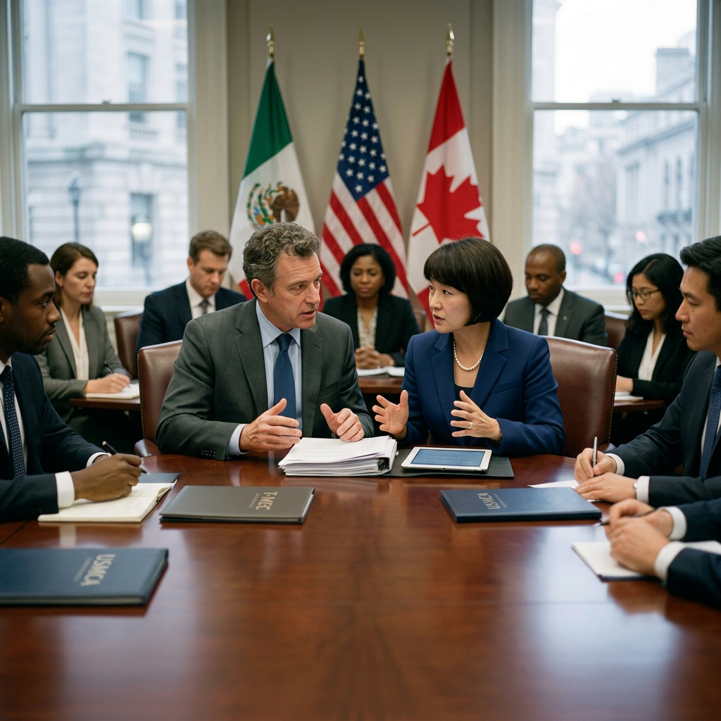 Group of diplomats in formal attire discussing around a conference table with Mexico, US, and Canada flags