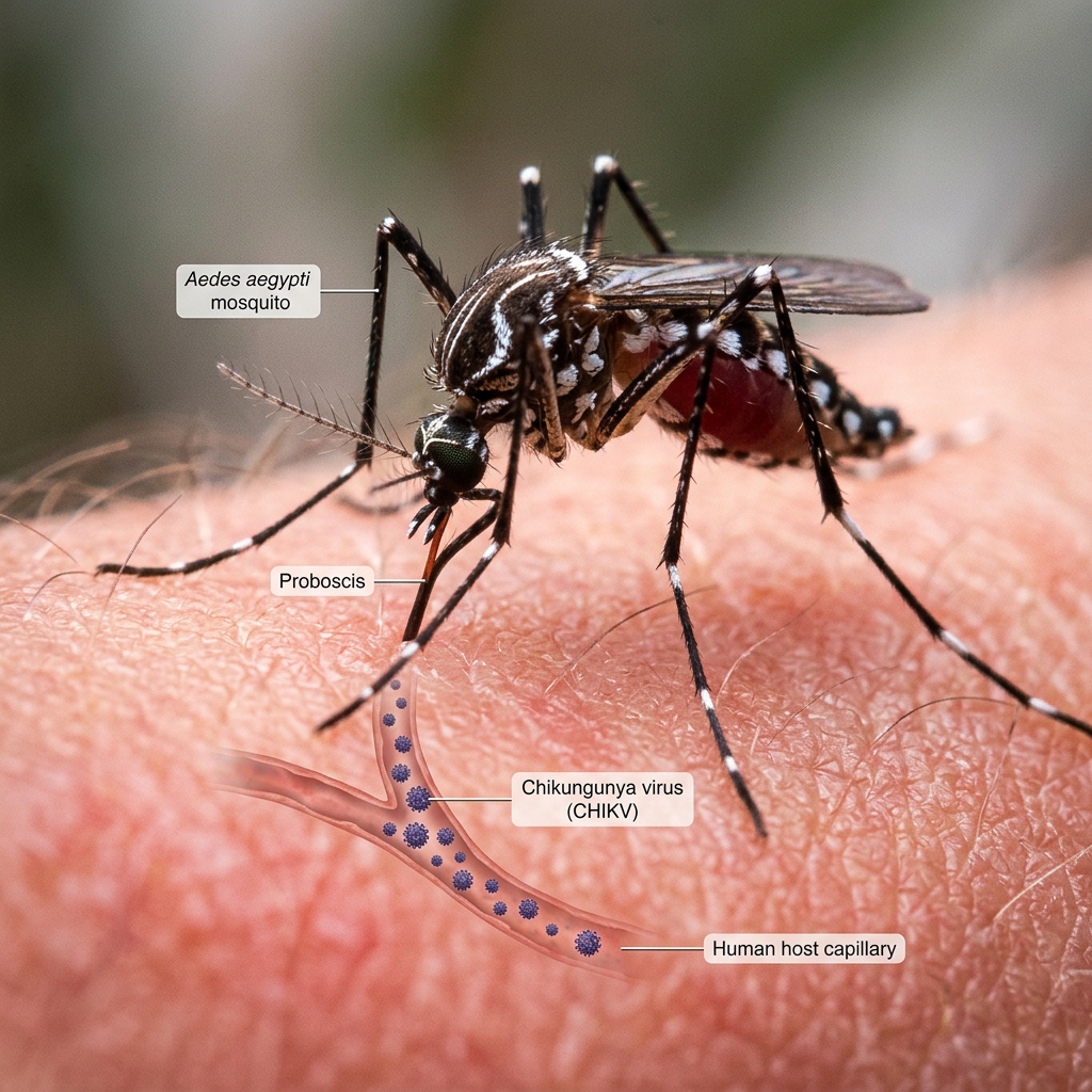 Aedes aegypti mosquito using its proboscis to feed on human skin with illustration of chikungunya virus in capillary