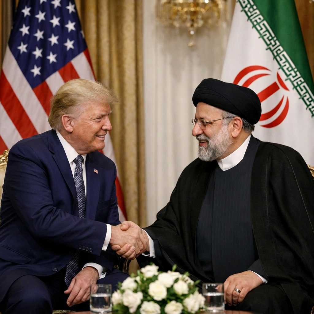 US President Joe Biden and Iranian President Ebrahim Raisi shaking hands and smiling with flags in the background