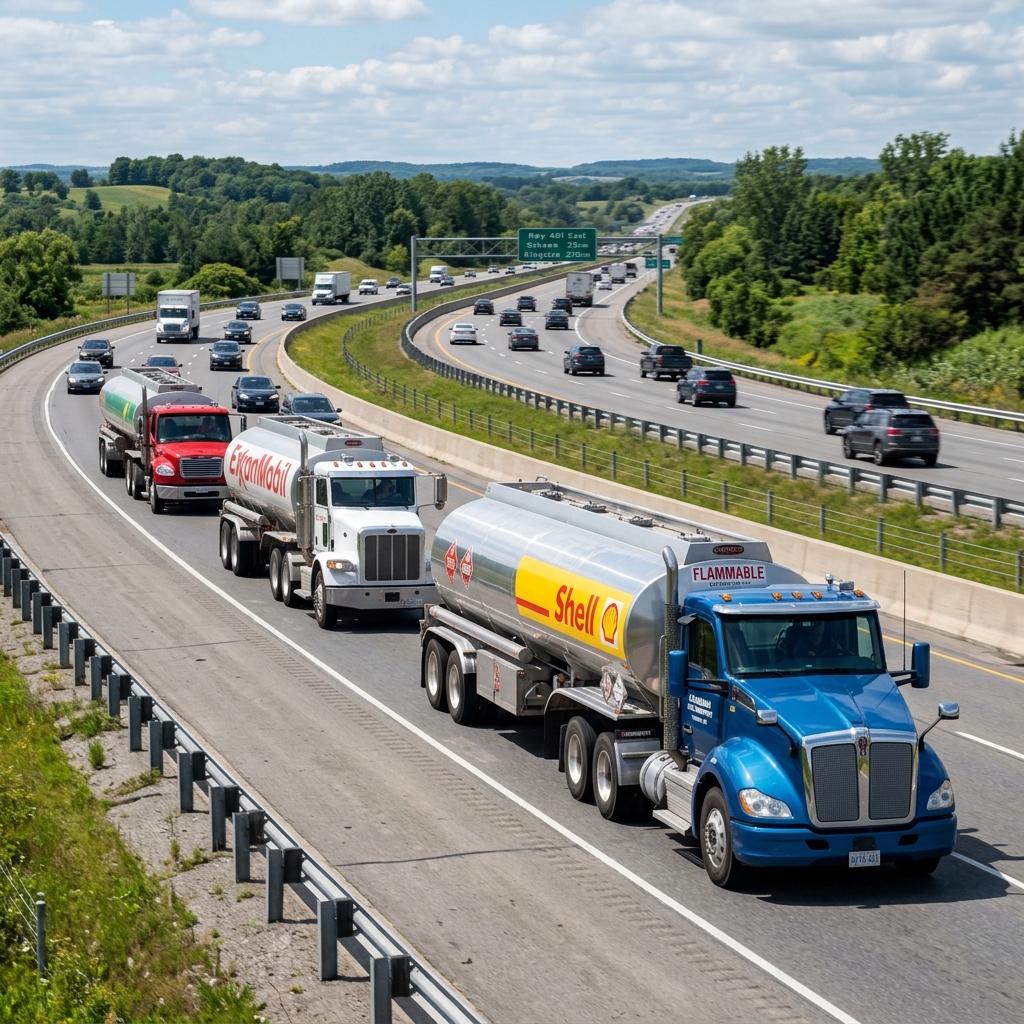 Three fuel tanker trucks labeled Shell and ExxonMobil traveling on a highway