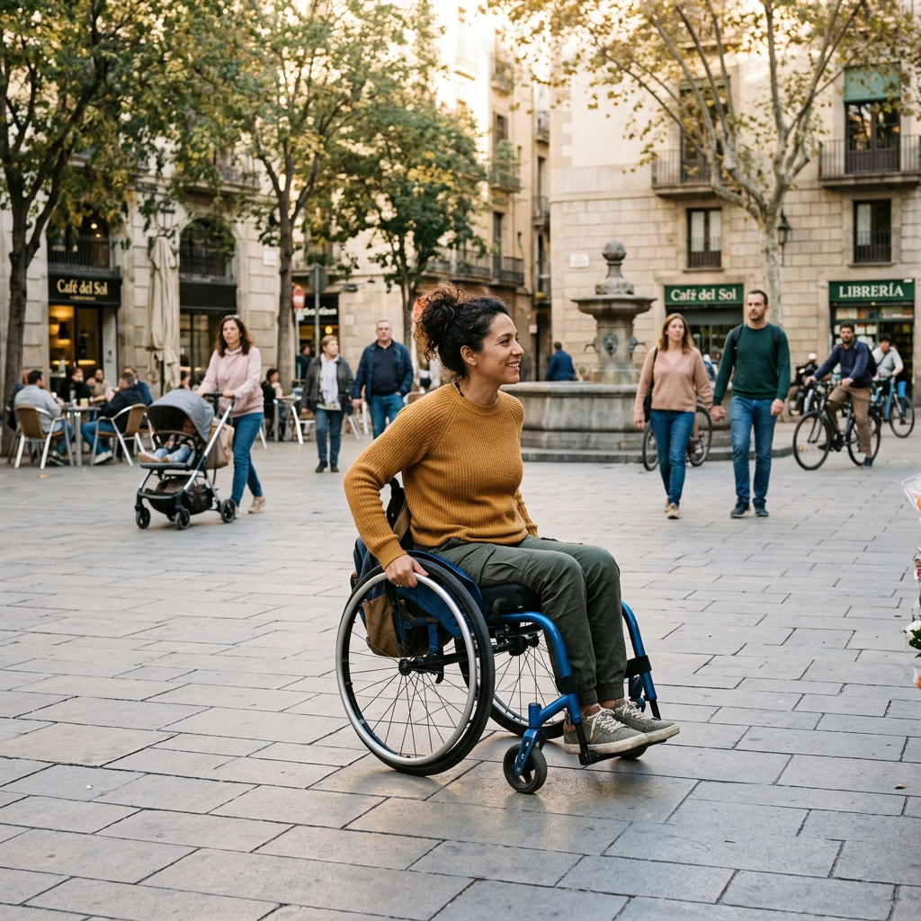 Woman in wheelchair smiling and moving through city plaza with people and cafes