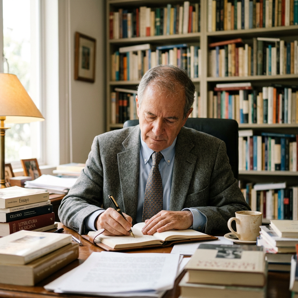 Older man writing in a notebook at a desk surrounded by books and papers in a study with bookshelves