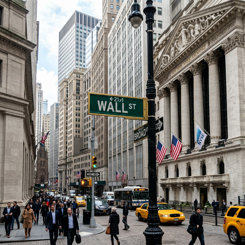 Crowded street at Wall Street with pedestrians, taxis, and NYSE building