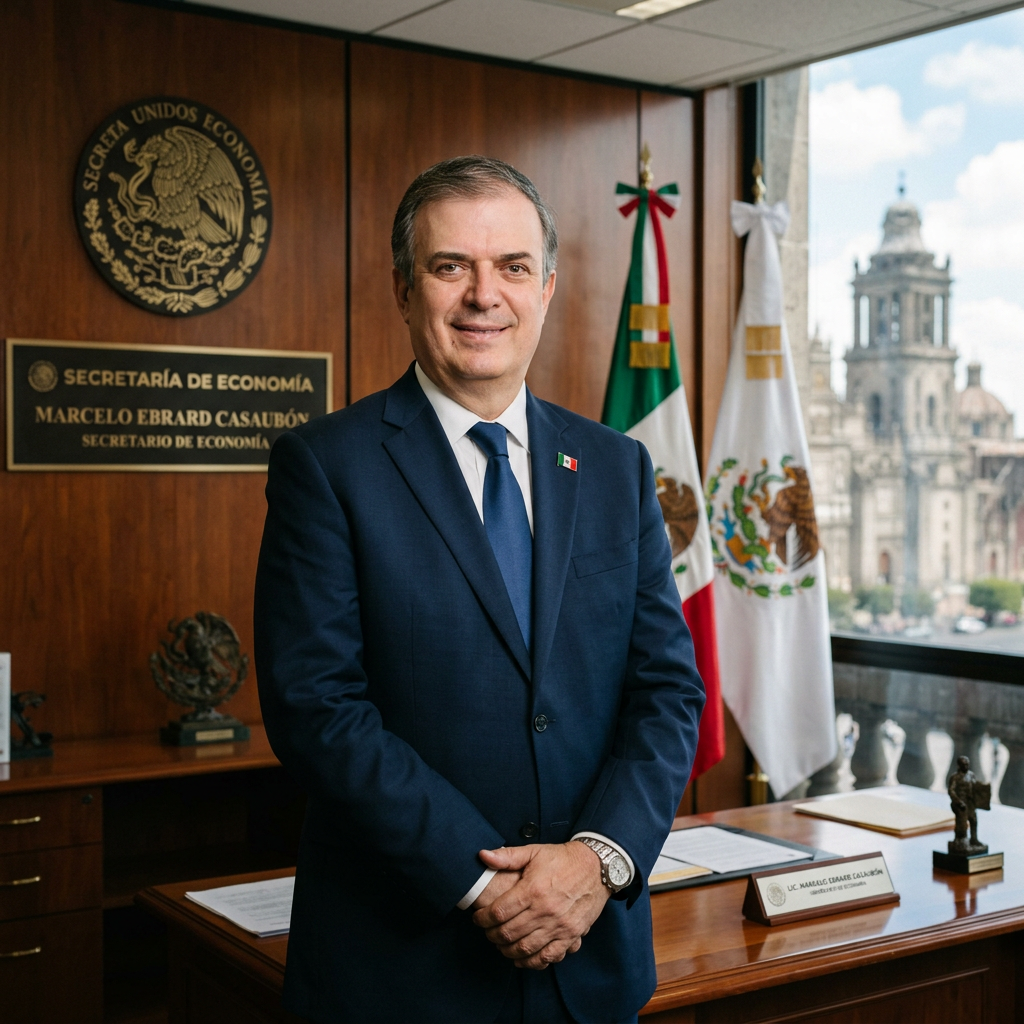 Marcelo Ebrard Casaubón standing in an office with Mexican flags and a plaque that reads Secretaría de Economía