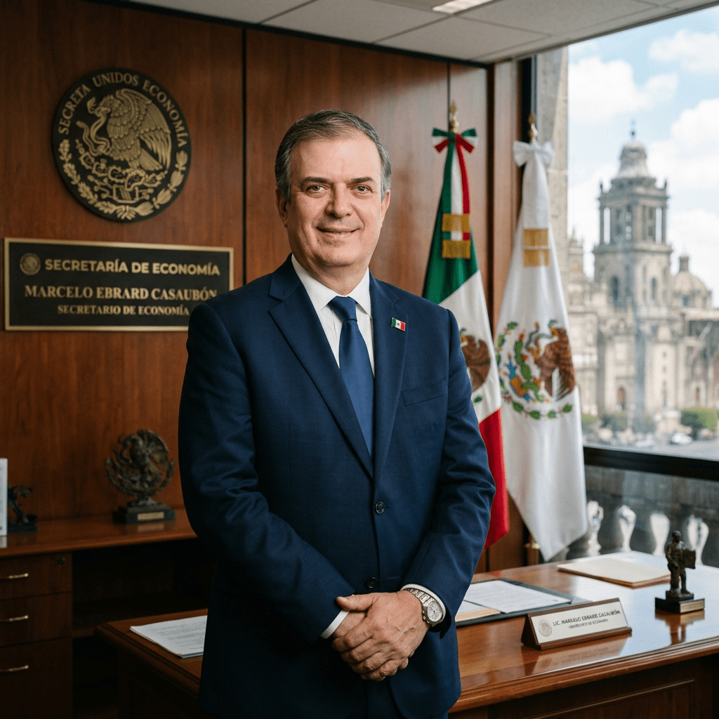 Marcelo Ebrard Casaubón standing in an office with Mexican flags and a plaque that reads Secretaría de Economía