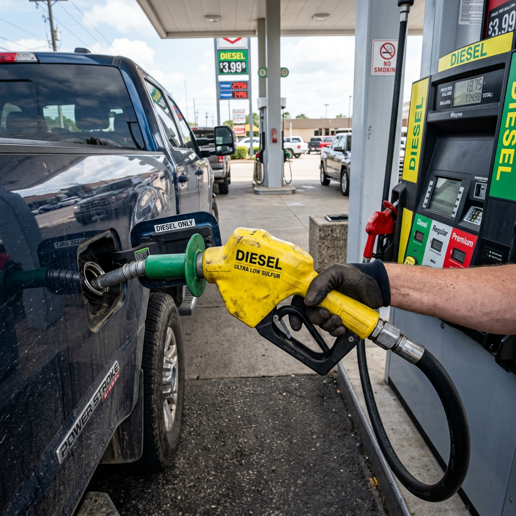 Hand holding yellow diesel fuel pump nozzle filling a truck
