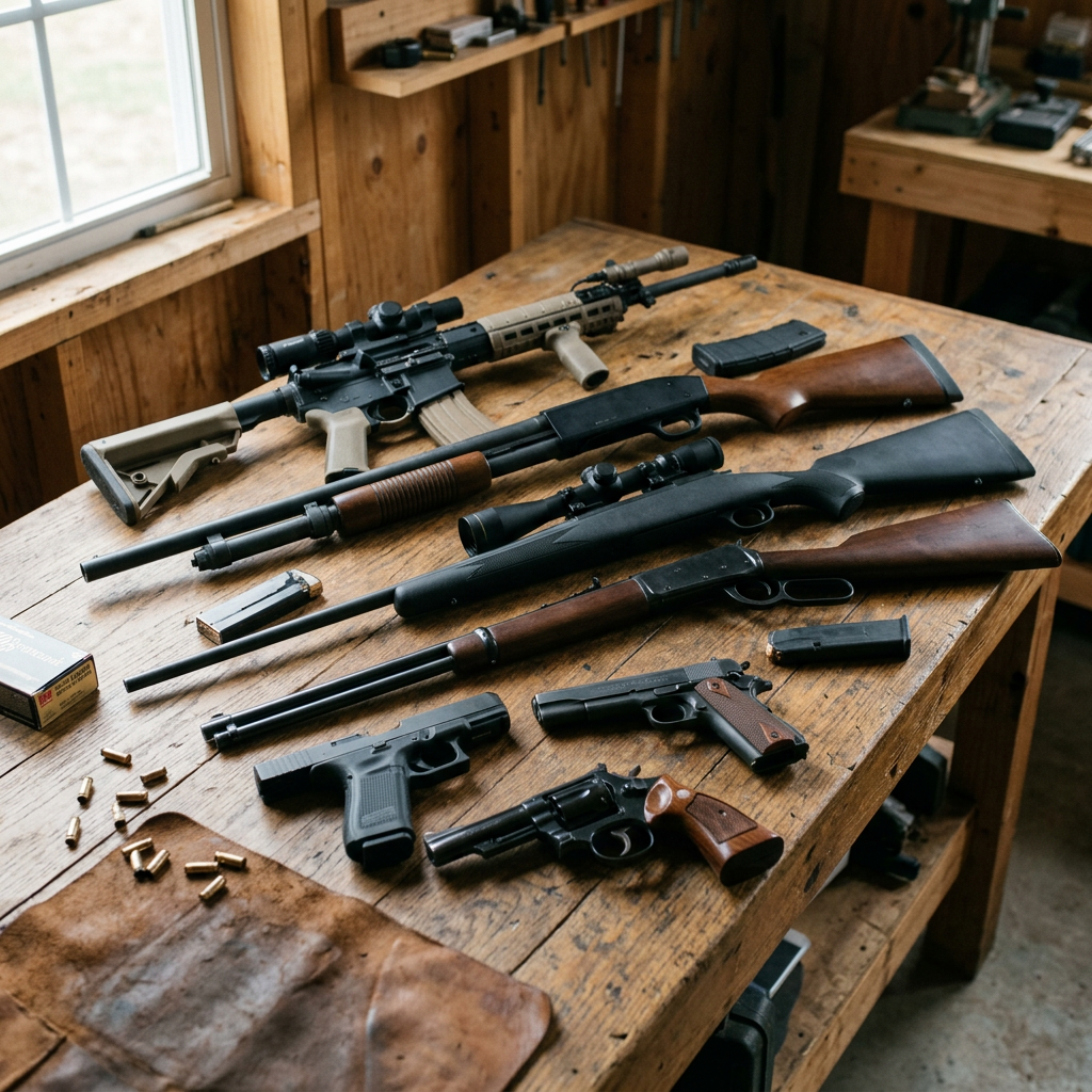 Several rifles, pistols, magazines, and ammunition arranged on a wooden table