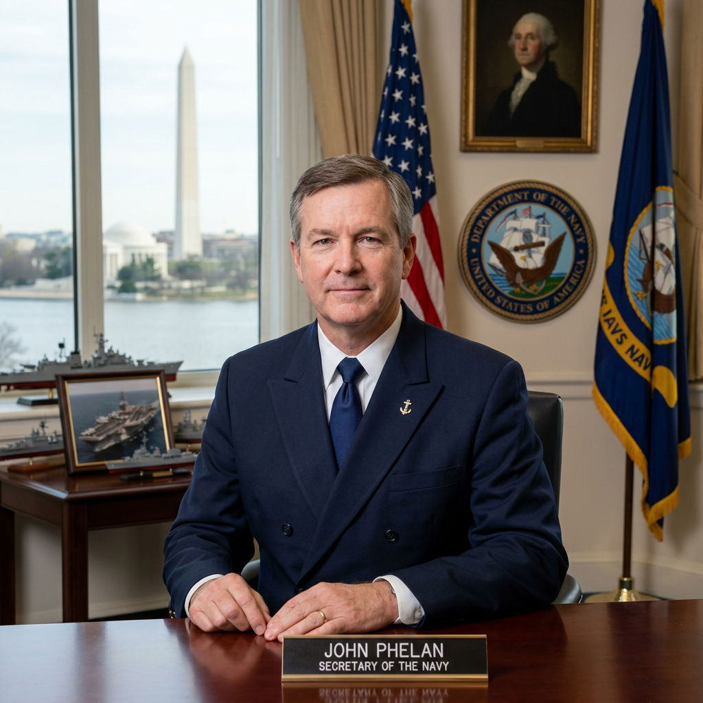 John Phelan, Secretary of the Navy, sitting at a desk in uniform with U.S. Navy seals and flags behind him