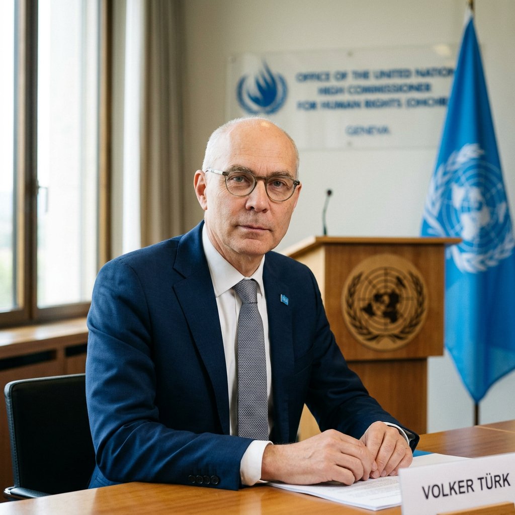Volker Türk seated at a desk with UN emblem and flag behind him in a formal office