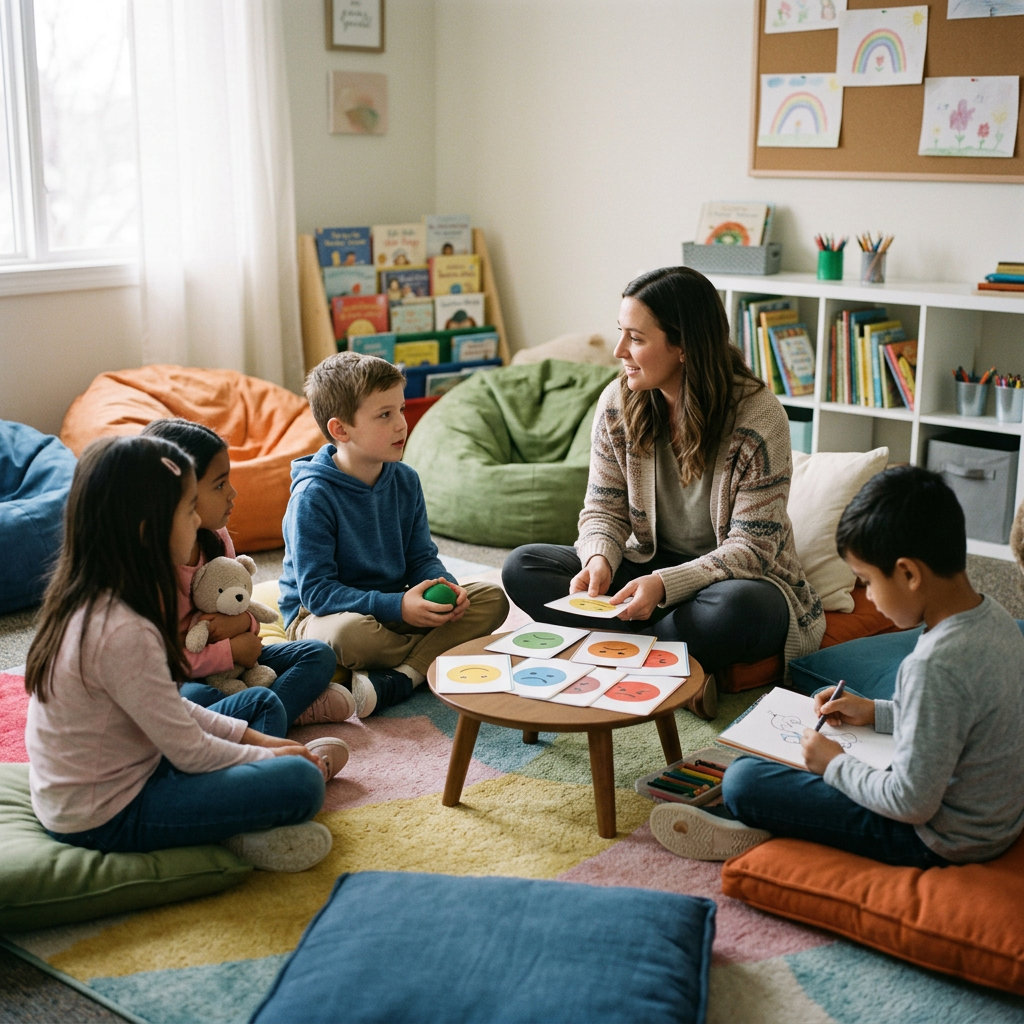 Children and teacher sitting on cushions discussing emotion cards in classroom