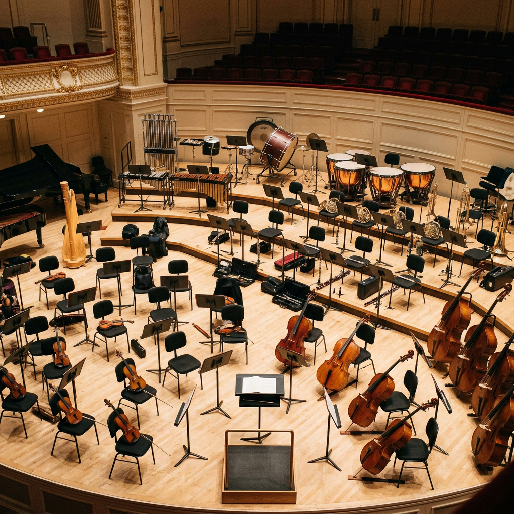 Empty orchestra stage with violins, cellos, timpani, harp, and piano arranged for performance