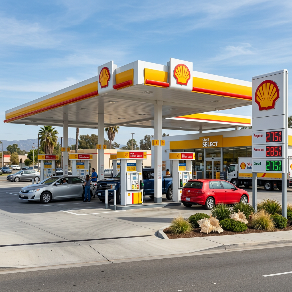 Shell gas station with multiple fuel pumps and price signs showing regular, premium, and diesel prices