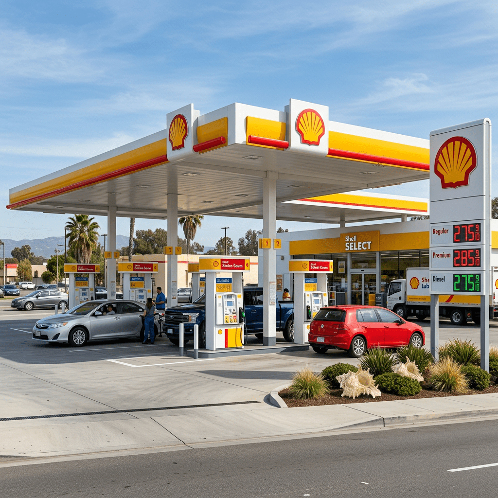 Shell gas station with multiple fuel pumps and price signs showing regular, premium, and diesel prices