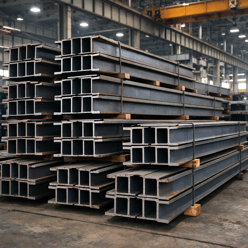 Multiple bundles of steel I-beams stacked on wooden supports inside an industrial warehouse