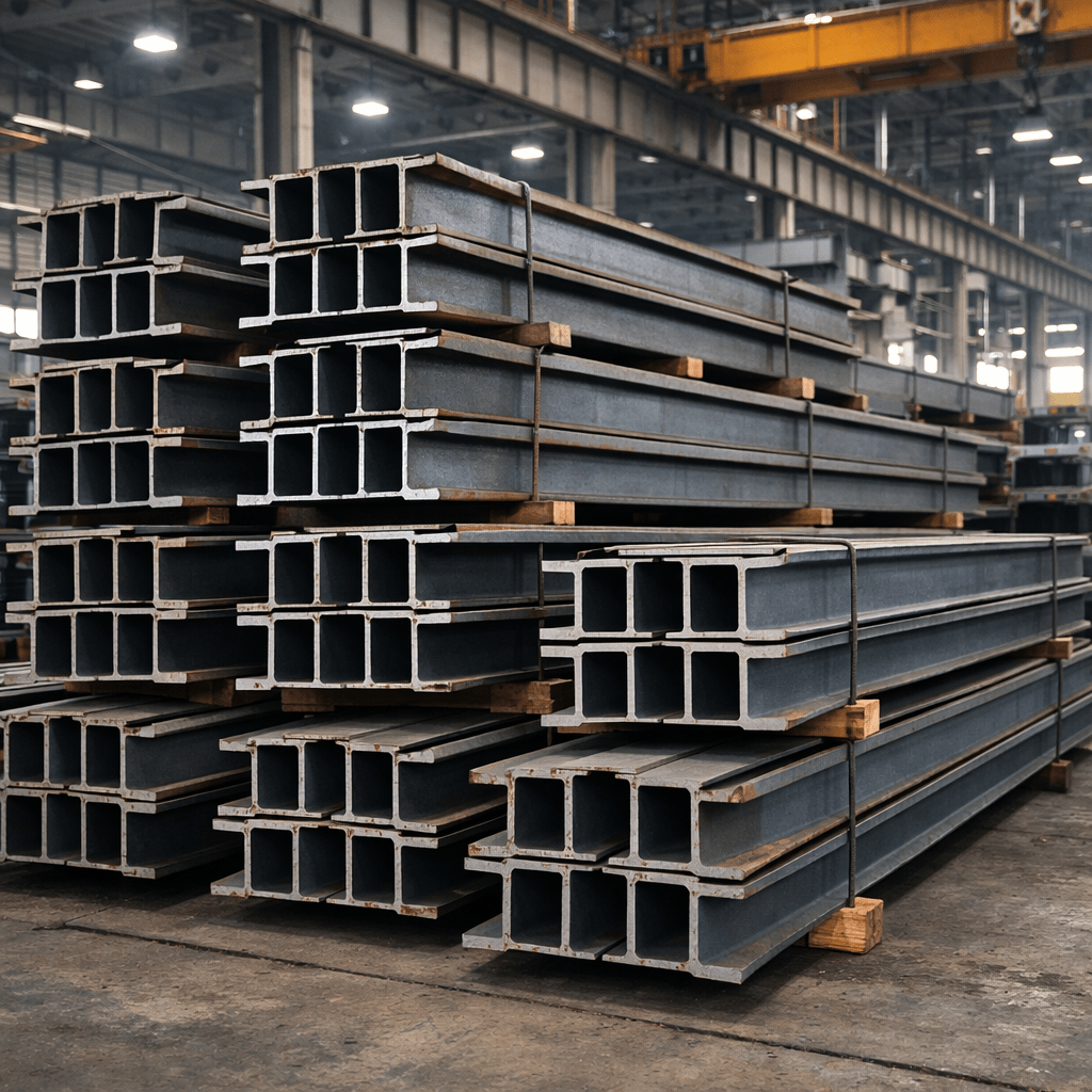 Multiple bundles of steel I-beams stacked on wooden supports inside an industrial warehouse