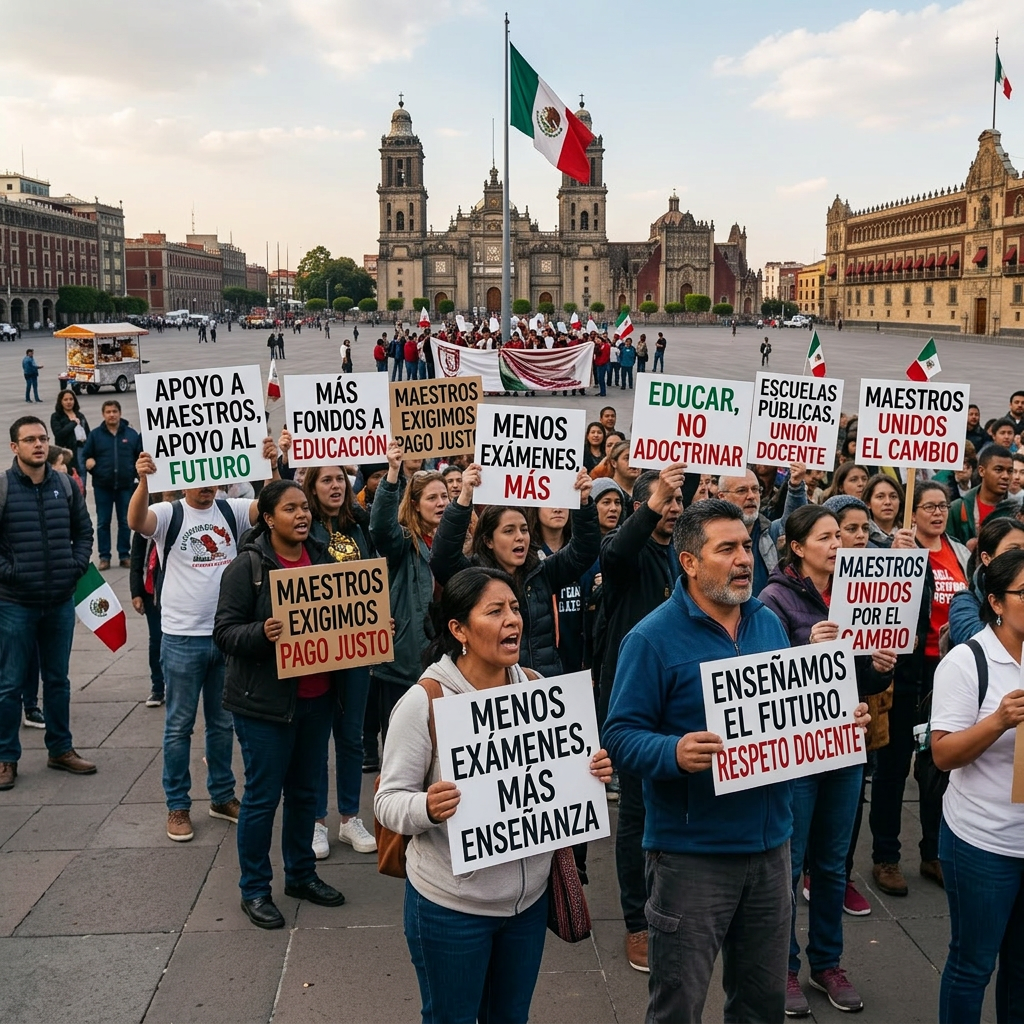 Group of teachers protesting with signs in Mexico City's main square demanding fair pay and education reform