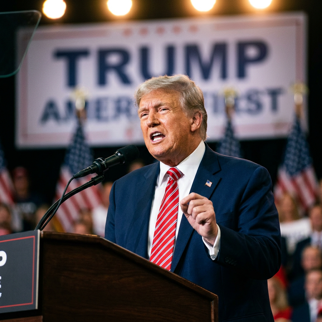 Donald Trump speaking at podium with microphone and American flags behind him
