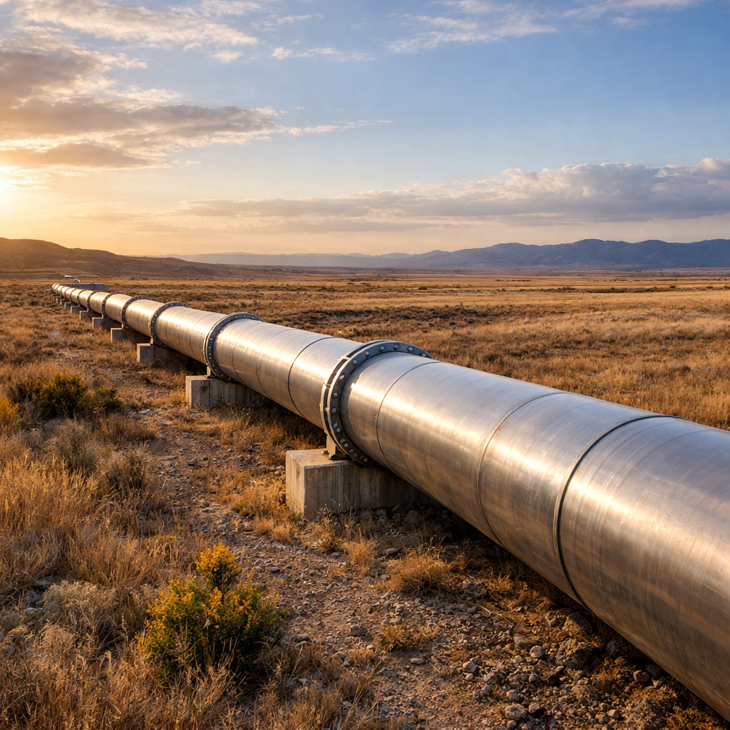 Metal pipeline running through dry grassland with distant mountains and sunset sky