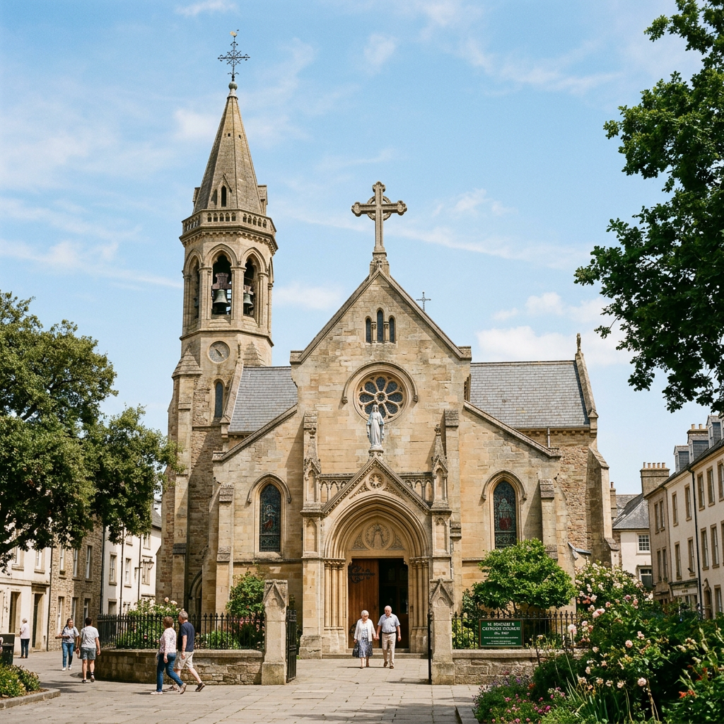 Historic stone church with arched entrance, bell tower, and cross