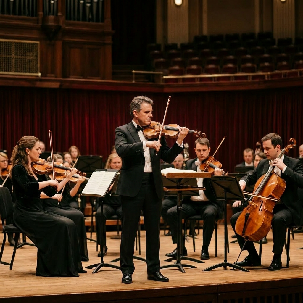 Female violinist playing a violin on stage with orchestra