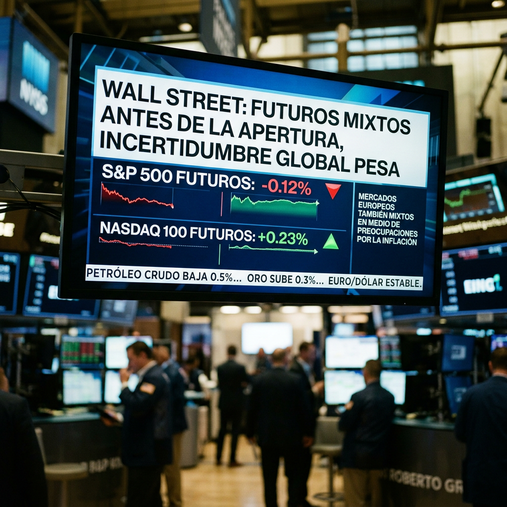Wall Street futures displaying S&P 500 down 0.12% and Nasdaq 100 up 0.23% on a large trading screen