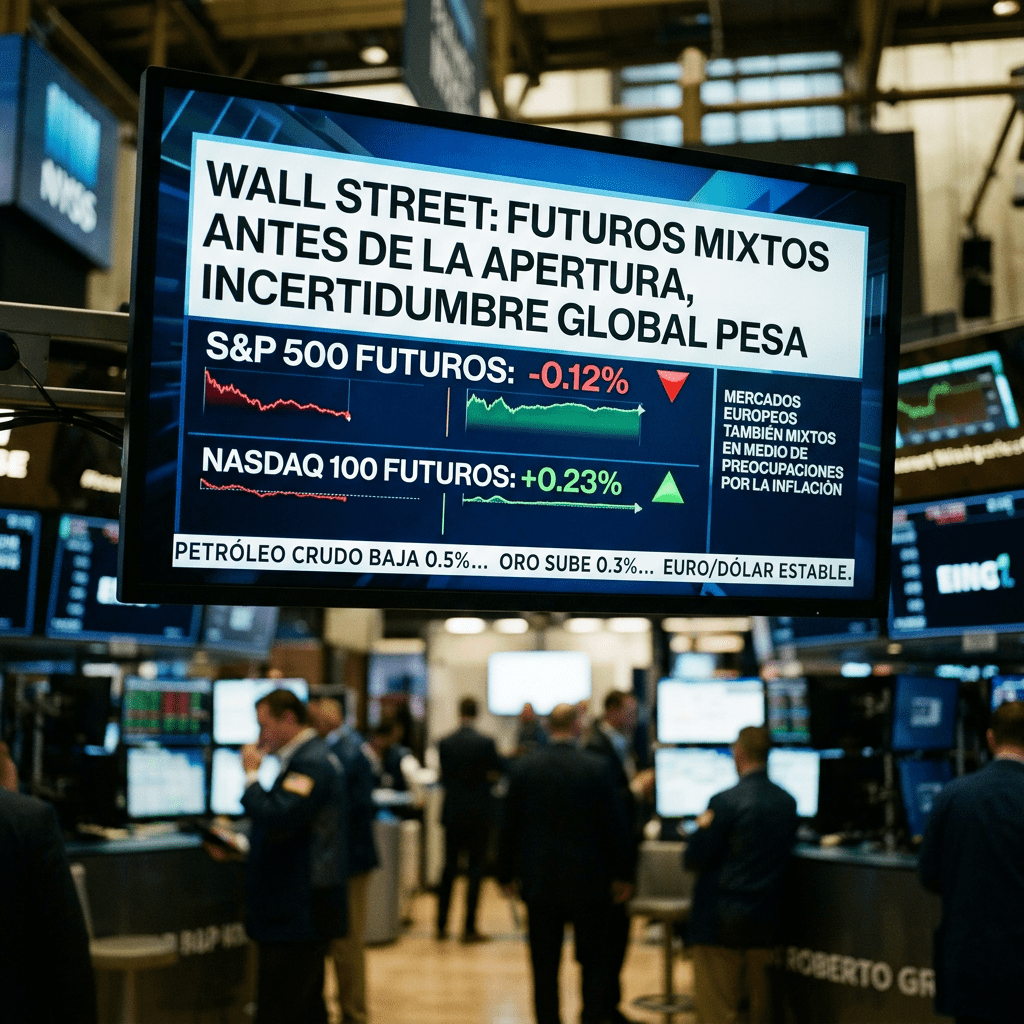 Wall Street futures displaying S&P 500 down 0.12% and Nasdaq 100 up 0.23% on a large trading screen