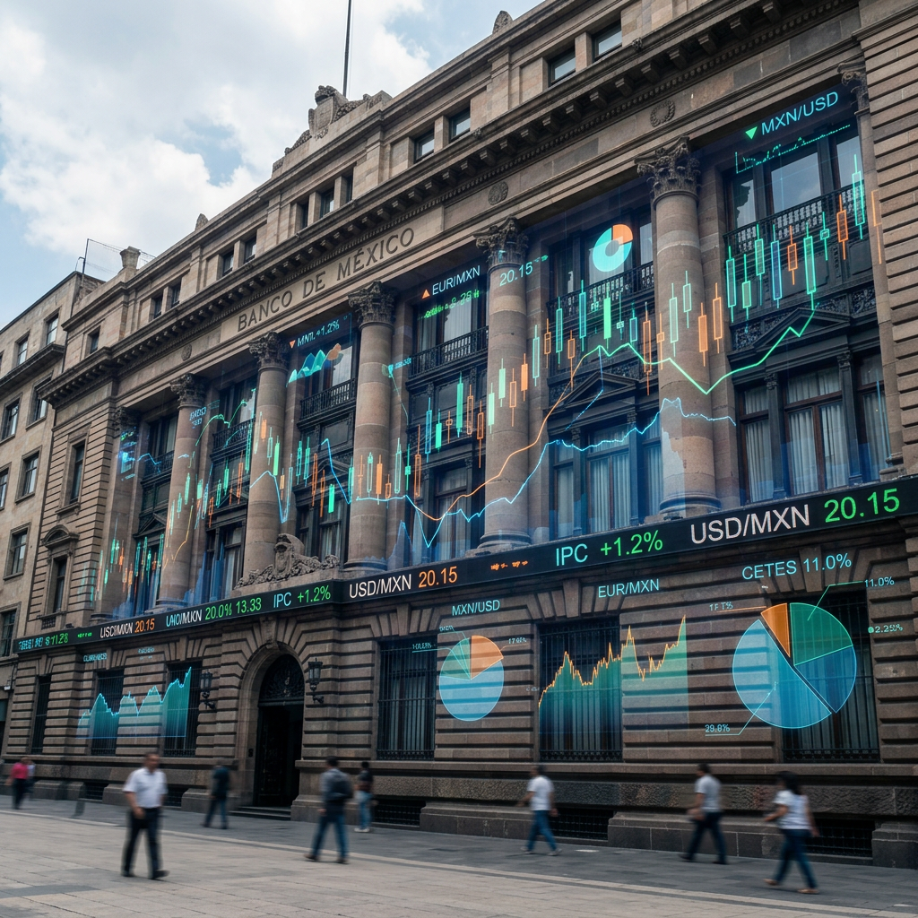 Banco de México building with transparent overlay of financial charts and currency exchange data