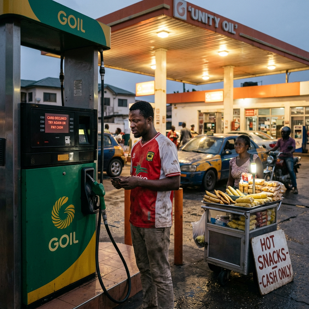 Man standing at a GOIL gas pump with card declined message, snack vendor with corn and sign, Unity Oil station in background